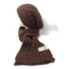 Cashmere and Merino Blend Chunky Cable Knit Slouch Beanie & Scarf Set - Chocolate